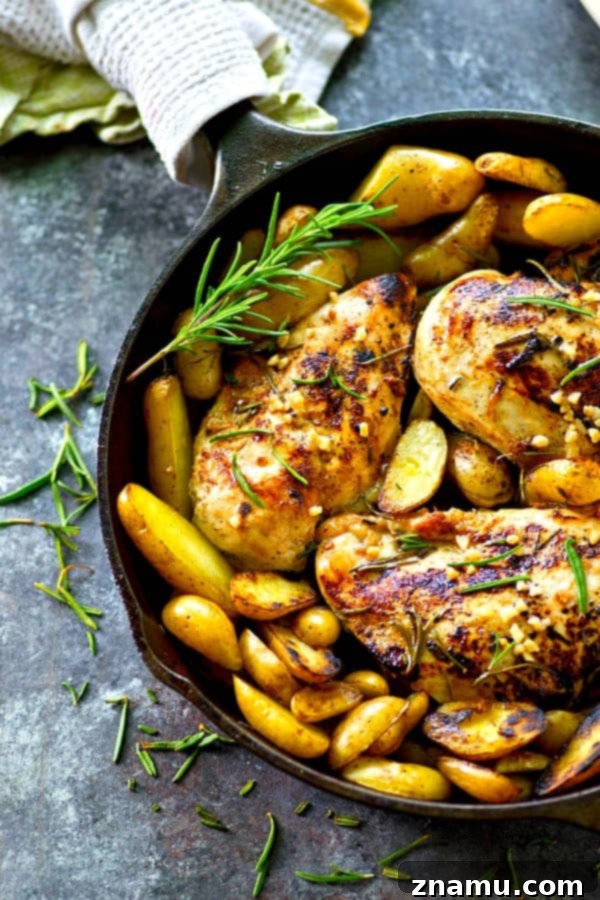 Close-up of boneless skinless chicken thighs marinating with fresh rosemary, minced garlic, and fingerling potatoes, ready for one-pot roasting.