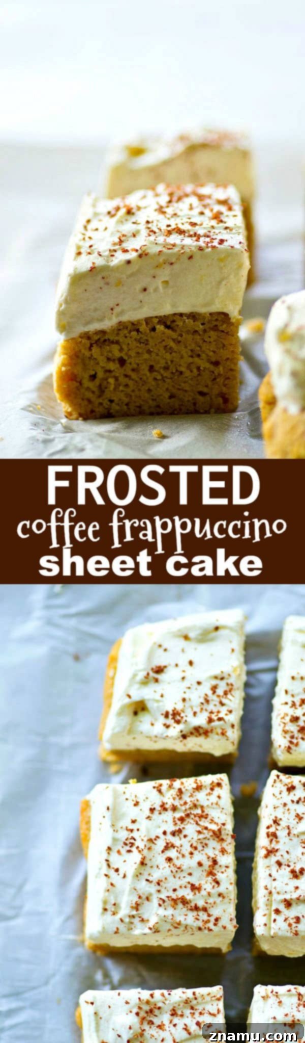A large Frosted Coffee Frappuccino Sheet Cake, ready to be served, highlighting its rich coffee flavor and whipped cream cheese frosting, gluten-free and THM-friendly