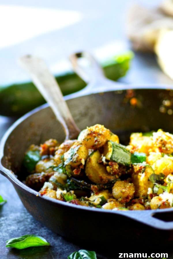 Gnocchi with Sun-Kissed Tomato Pesto and Smoky Zucchini 5 A serving of Sun-Dried Tomato Pesto Gnocchi with charred zucchini