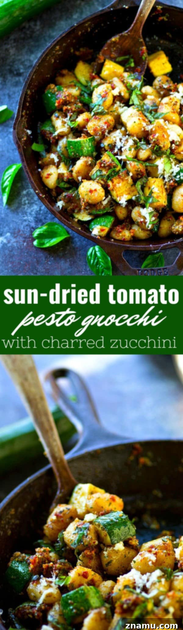 Gnocchi with Sun-Kissed Tomato Pesto and Smoky Zucchini 6 Overhead shot of Sun-Dried Tomato Pesto Gnocchi served in a bowl