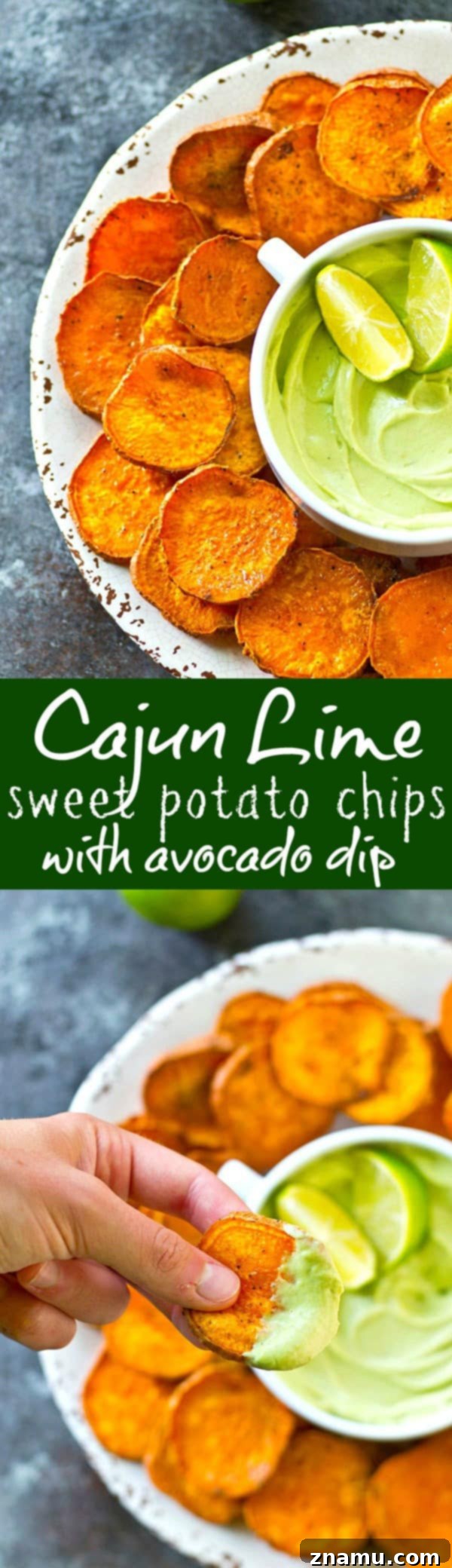 Kickin' Cajun Lime Sweet Potato Chips are perfectly crisp with just the right amount of heat and cooled down with a creamy avocado dip.--just try to eat only one!