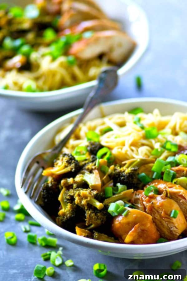 Instant Pot Teriyaki Chicken Broccoli Noodle Bowls 3 Close-up of Instant Pot Teriyaki Chicken and Broccoli Noodle Bowls with fresh ingredients