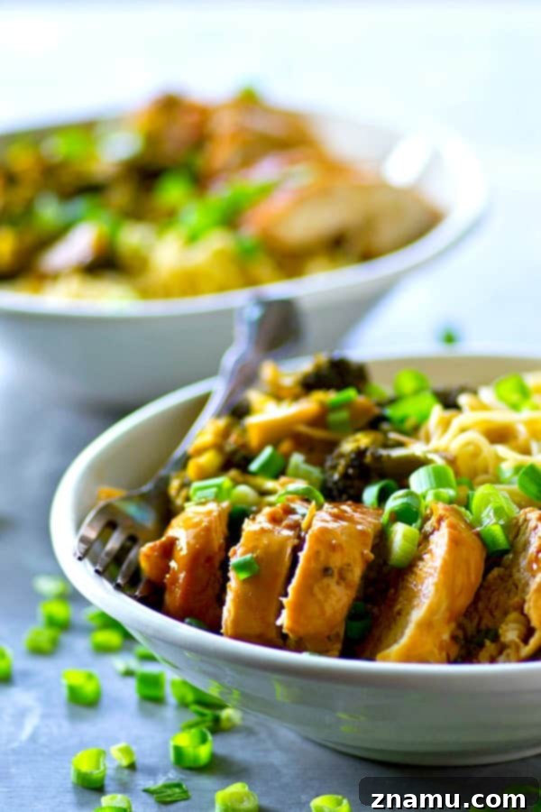 Instant Pot Teriyaki Chicken Broccoli Noodle Bowls 5 Plated Instant Pot Teriyaki Chicken Noodle Bowls with green onions