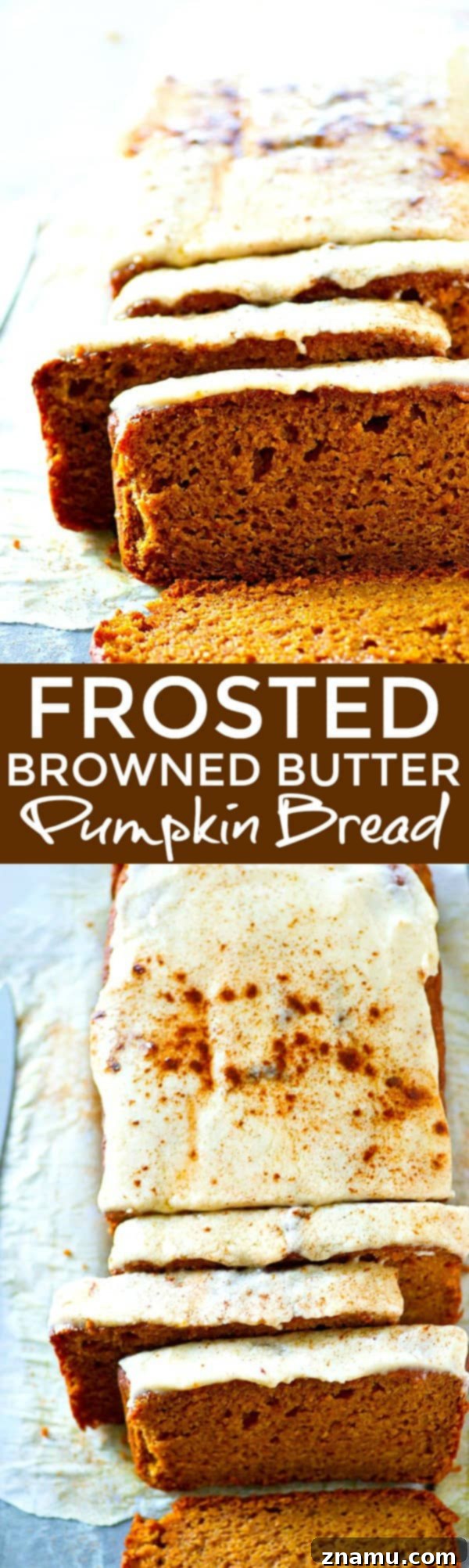 Nutty Brown Butter Pumpkin Loaf with Creamy Glaze 6 A final close-up of a frosted slice of Browned Butter Pumpkin Bread, ready to be enjoyed