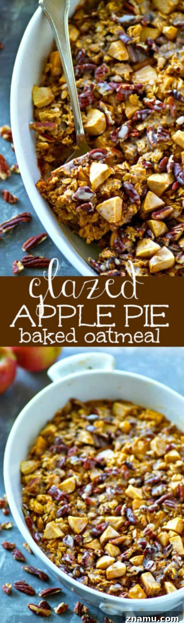 Apple Pie Oatmeal Bake 6 Another inviting close-up of a serving of Glazed Apple Pie Baked Oatmeal, emphasizing the rich texture and delicious glaze, perfect for a cozy morning.