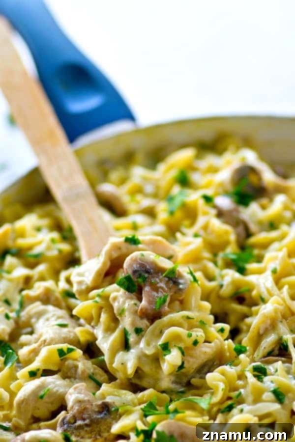Ingredients for One-Pot Lighter Chicken Stroganoff in a skillet