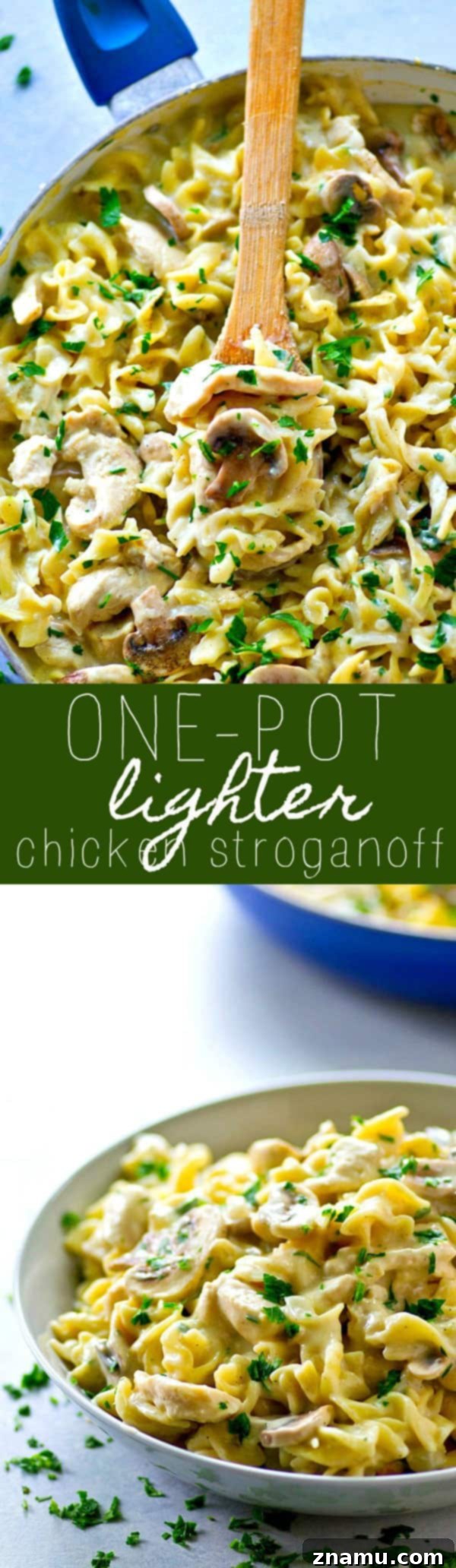 Plated One-Pot Lighter Chicken Stroganoff with fresh parsley garnish