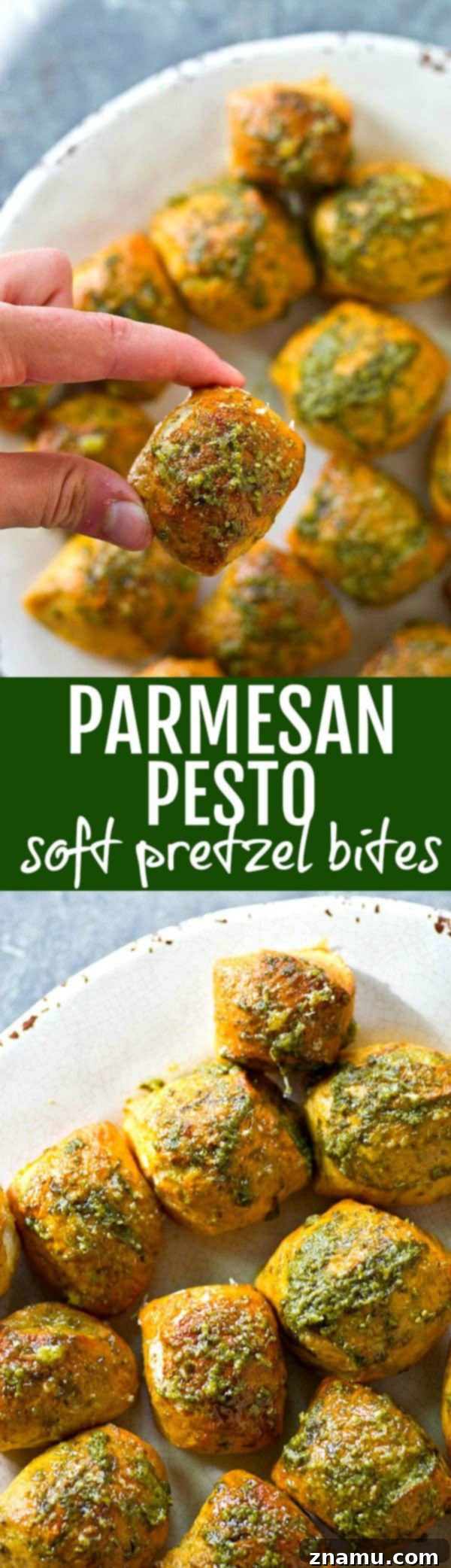 Pillowy Pesto Parmesan Pretzel Bites 6 A plate full of freshly baked and seasoned Parmesan Pesto Soft Pretzel Bites