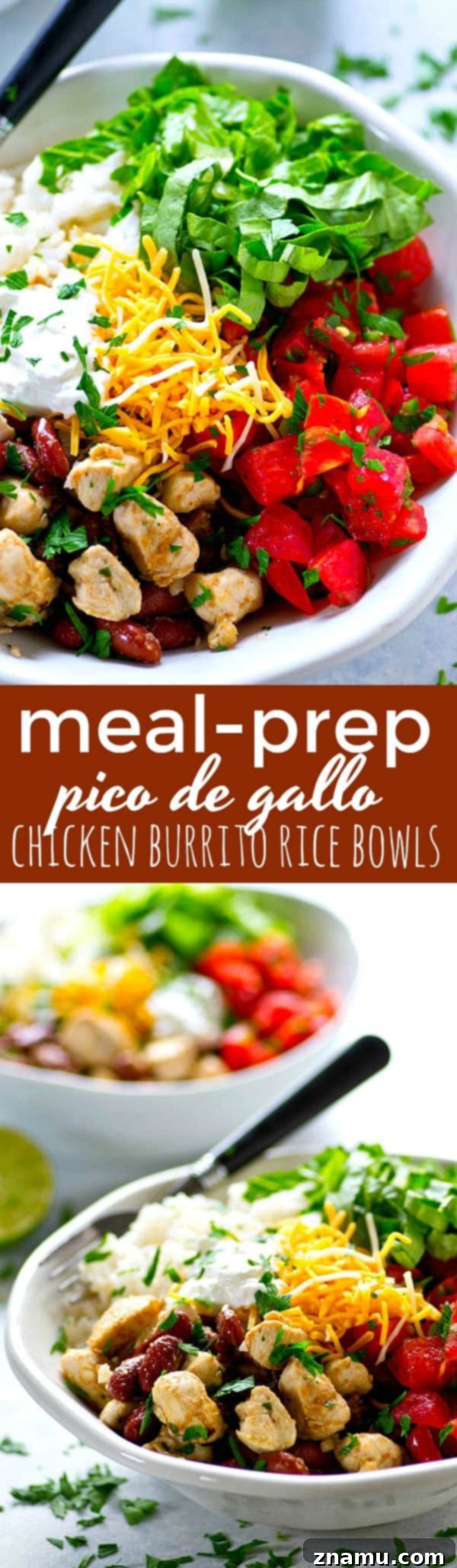 Spicy homemade pico de gallo and all the burrito bowl fixins' are piled into these chicken burrito rice bowls that can be meal prepped completely ahead of time!