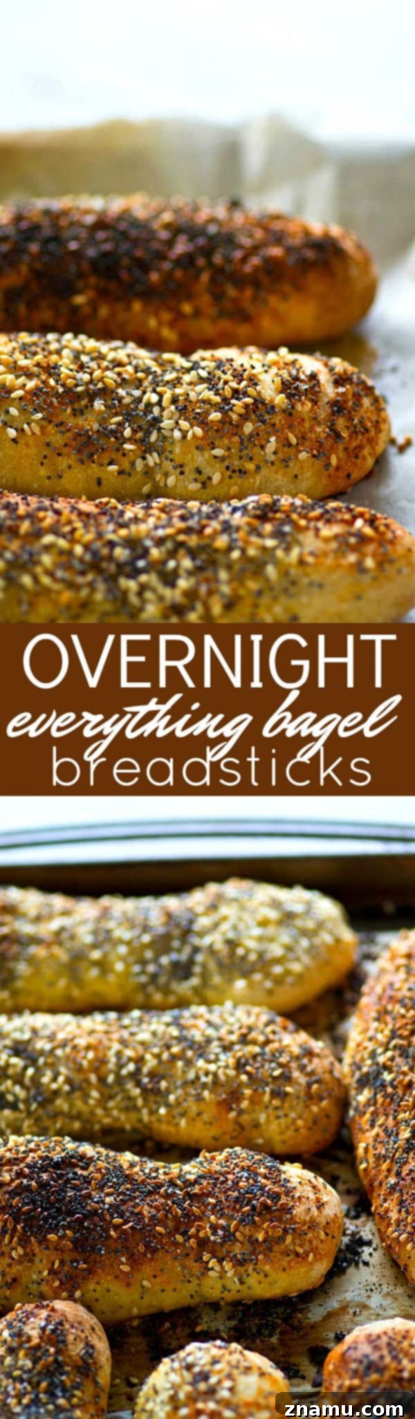 Overnight Everything Breadsticks 6 An overhead shot of multiple Everything Bagel Breadsticks arranged artfully on a serving board.