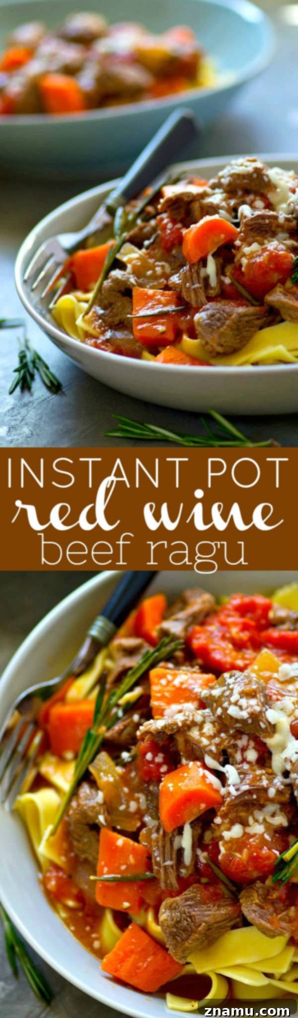 A bowl of Instant Pot Red Wine Beef Ragu over pappardelle, topped with fresh Parmesan and a sprig of rosemary, ready to be enjoyed.