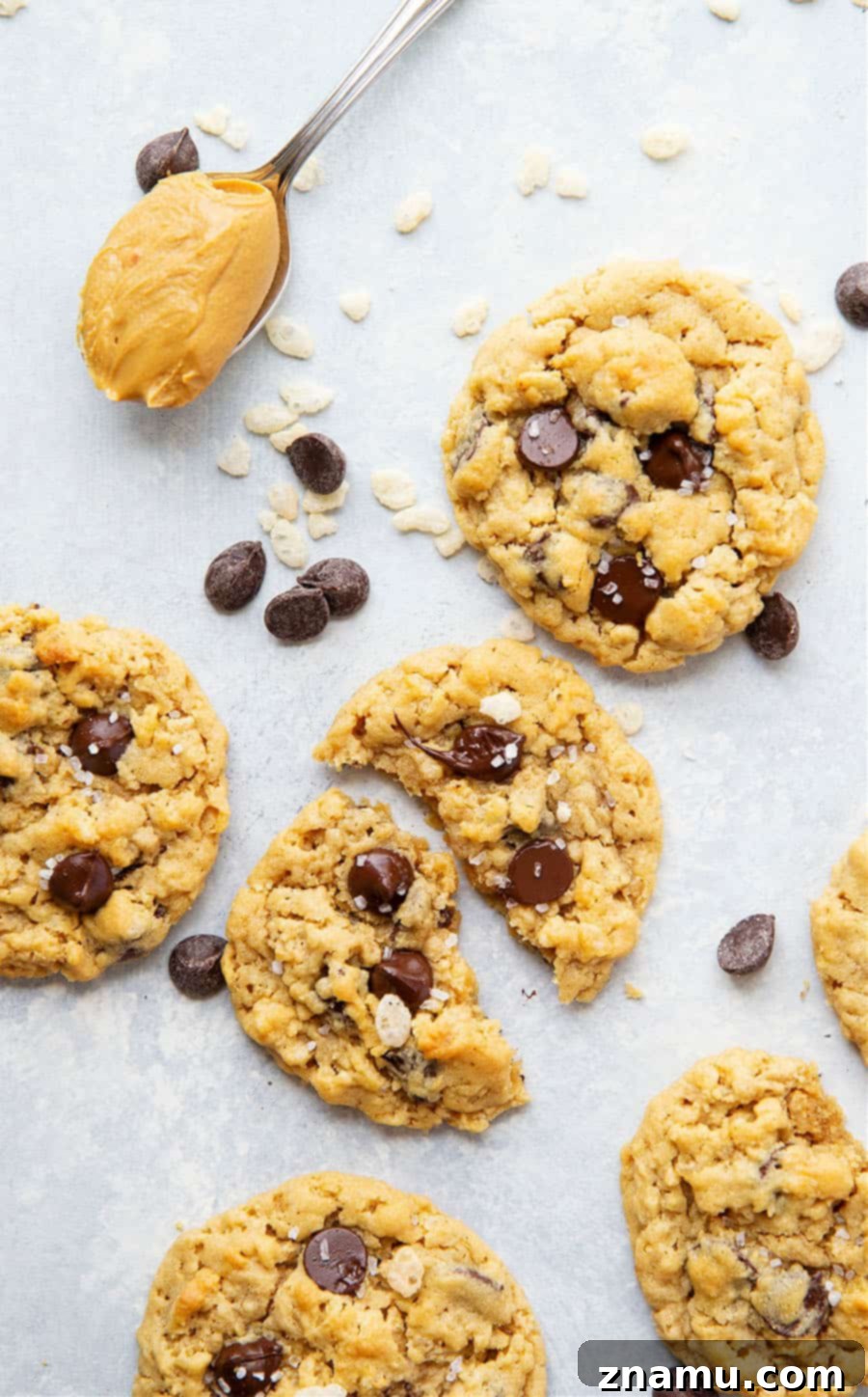 Peanut Butter Crunch Chocolate Chip Cookies 5 Creamy peanut butter, gooey chocolate, and crunchy cereal are an INCREDIBLE trio in these soft and chewy rice krispie chocolate chip cookies! Easy to whip up in only 20 minutes with a handful of ingredients.