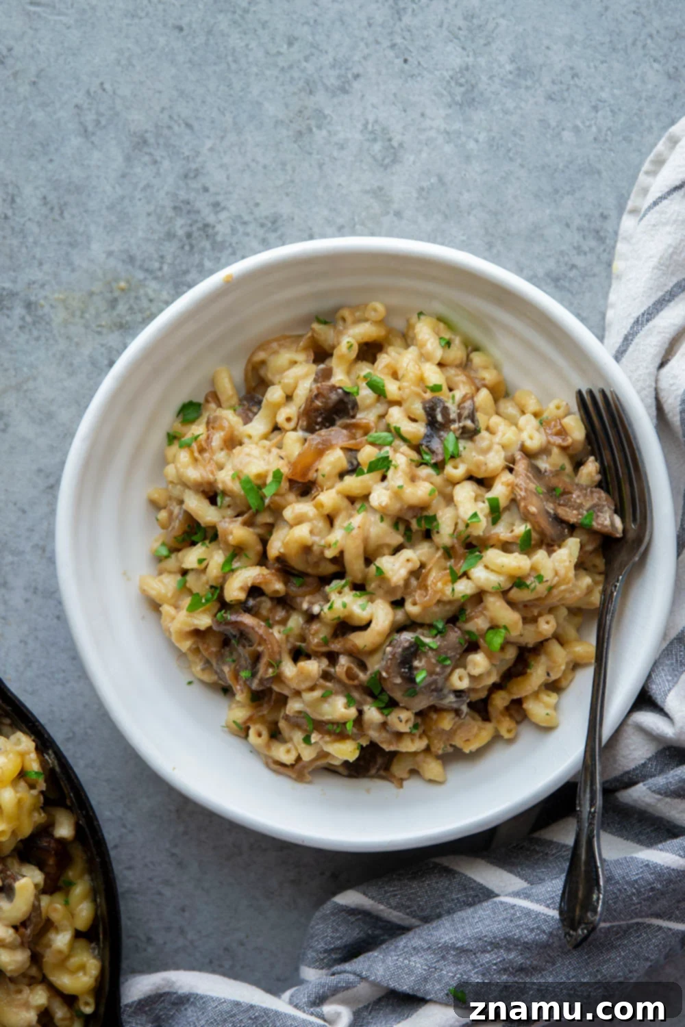 Balsamic Glazed Onion Mushroom Mac and Cheese 6 A serving of Caramelized Onion Mushroom Mac 'n' Cheese with a sprig of fresh parsley