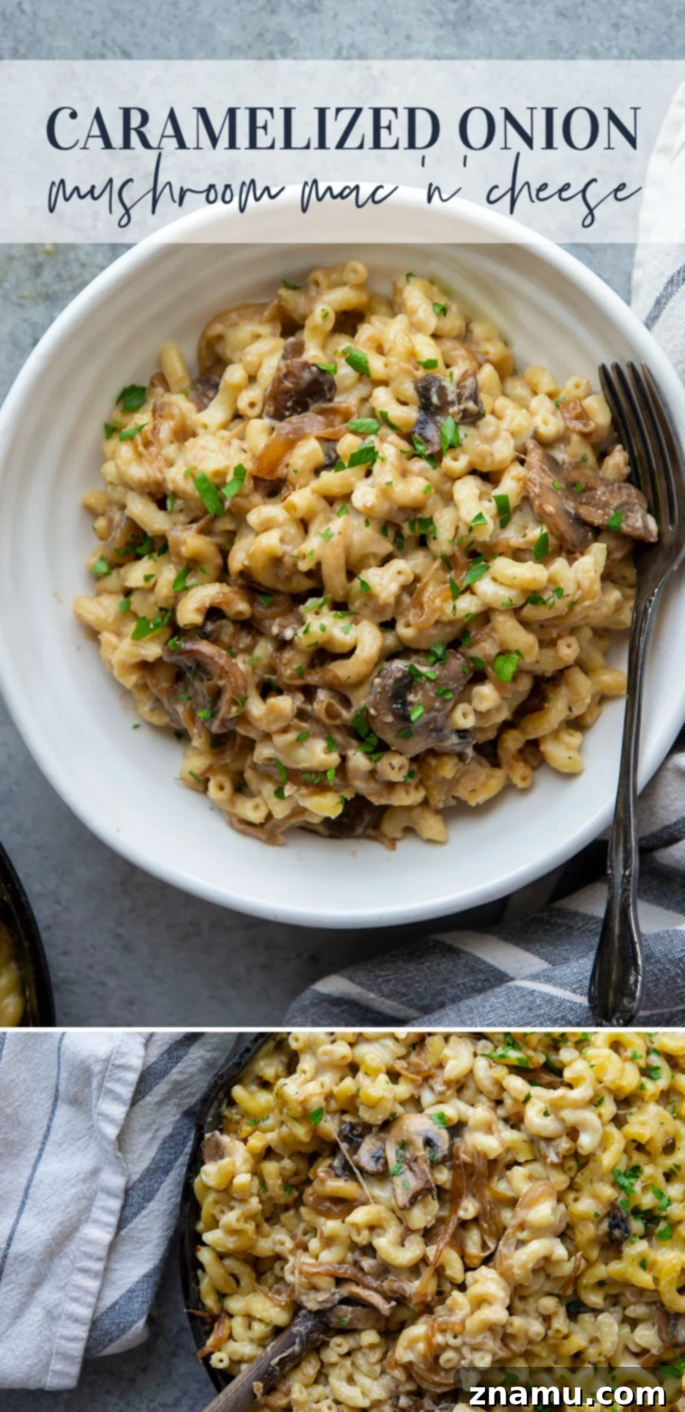 Balsamic Glazed Onion Mushroom Mac and Cheese 7 A full baking dish of Caramelized Onion Mushroom Mac 'n' Cheese, fresh out of the oven