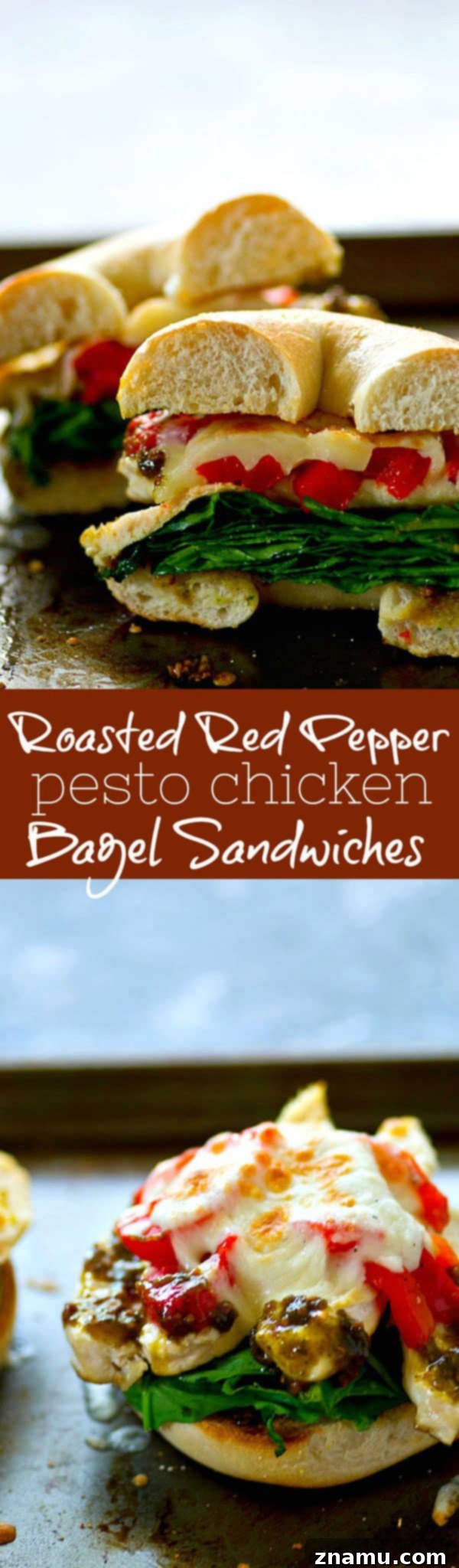 A mouthwatering cross-section of a roasted red pepper pesto chicken bagel sandwich, showcasing the thick layers of filling and the perfectly melted mozzarella cheese. The golden-brown toasted bagel contrasts beautifully with the colorful ingredients inside.