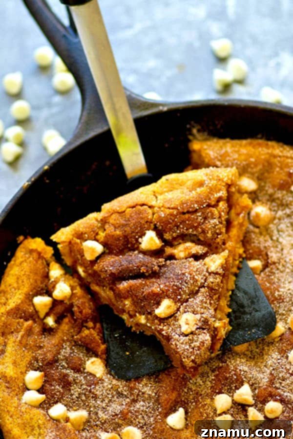 Pumpkin & White Chocolate Snickerdoodle Skillet 2 A warm, golden-brown white chocolate pumpkin snickerdoodle skillet cookie, fresh from the oven, ready to be served.