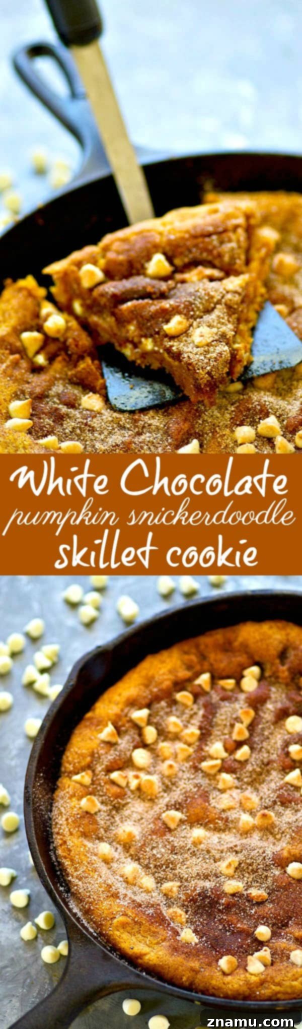 Pumpkin & White Chocolate Snickerdoodle Skillet 6 An overhead shot of the white chocolate pumpkin snickerdoodle skillet cookie, served with a scoop of vanilla ice cream, ready to be enjoyed.