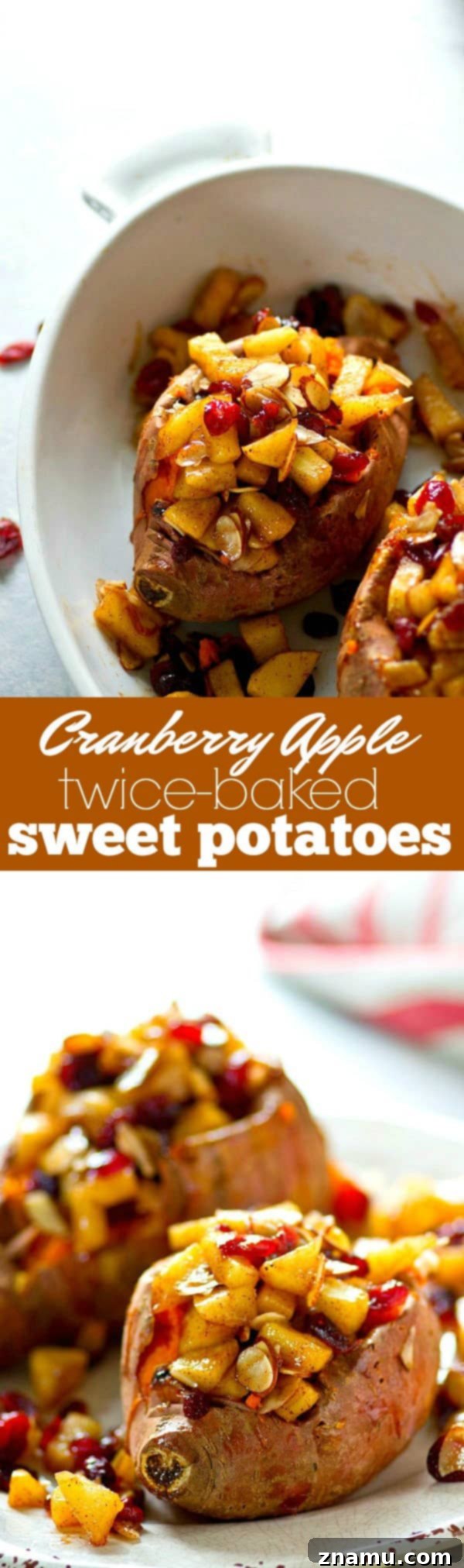 Harvest Stuffed Cranberry Apple Sweet Potatoes 6 A close-up shot of the twice-baked sweet potato filling, showing caramelized apples, cranberries, and chopped nuts.