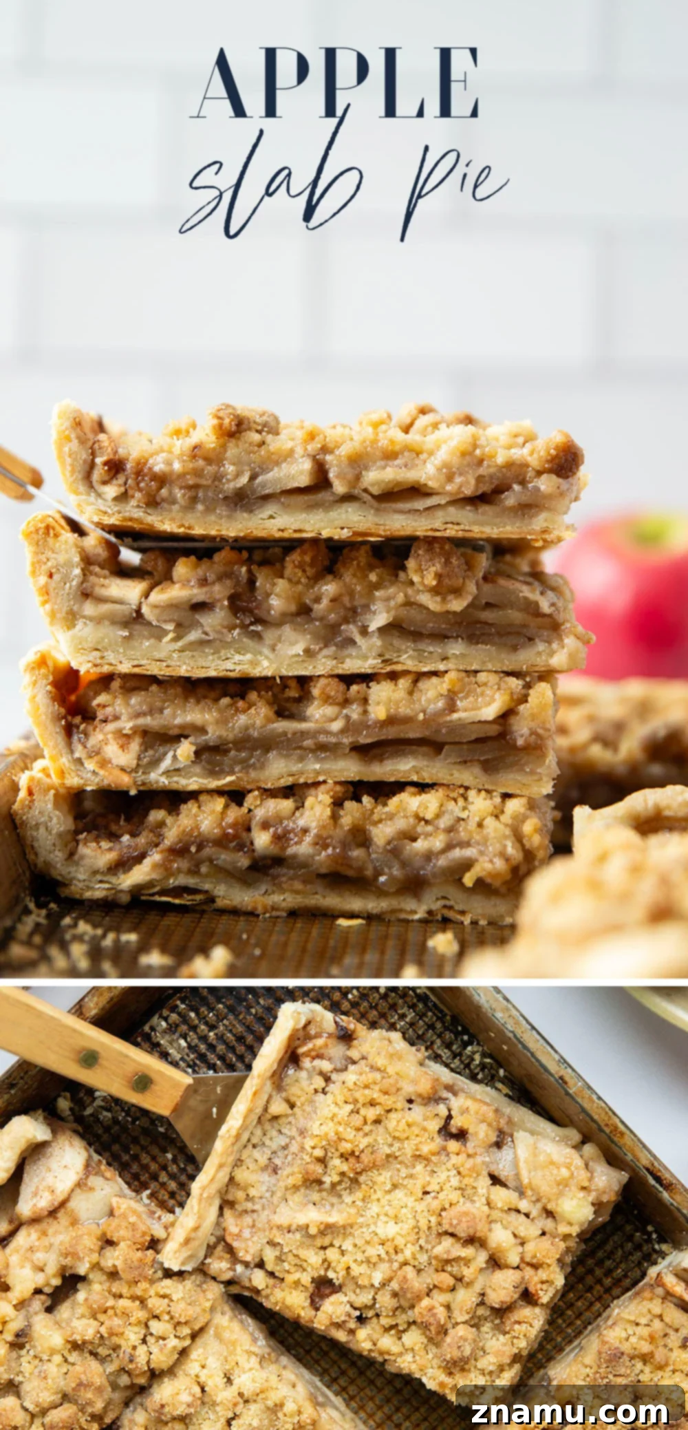 A large apple slab pie, freshly baked, with golden streusel topping.