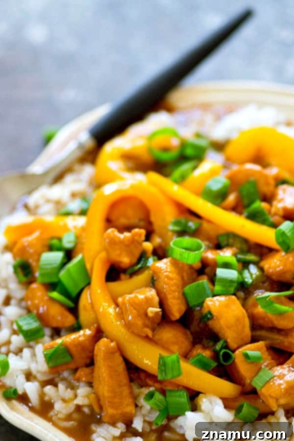 Savory Instant Pot Mongolian Chicken with Peppers 3 Close-up of tender Mongolian chicken with vibrant peppers, rich sauce, and fresh green onions