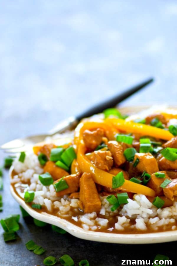 Savory Instant Pot Mongolian Chicken with Peppers 4 Generous serving of Instant Pot Mongolian Chicken and Peppers piled high on a bed of steamed rice