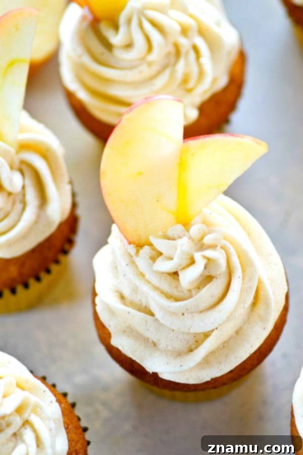 Apple Cider Cupcakes with Maple Buttercream 3 Close-up of a perfectly frosted apple cider cupcake, showcasing its rich texture and maple buttercream.