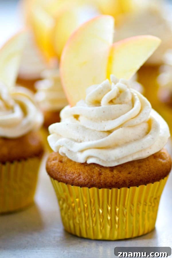 Apple Cider Cupcakes with Maple Buttercream 4 A trio of freshly baked apple cider cupcakes, adorned with creamy maple frosting and a hint of spice.