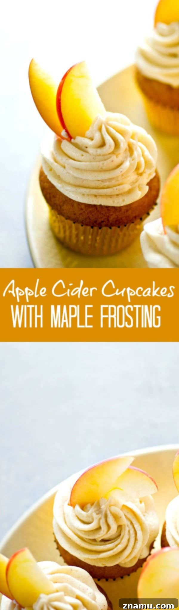 Apple Cider Cupcakes with Maple Buttercream 6 A beautifully decorated apple cider cupcake garnished with fresh apple slices, ready to be enjoyed.
