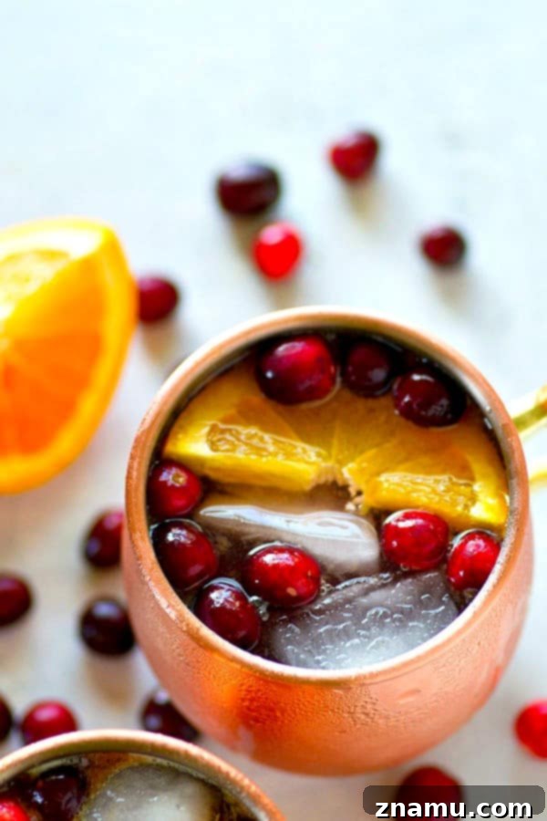 Crimson Citrus Copper Mule 2 Vibrant Cranberry Orange Moscow Mules garnished with fresh cranberries and orange slices, perfect for fall and holiday entertaining.