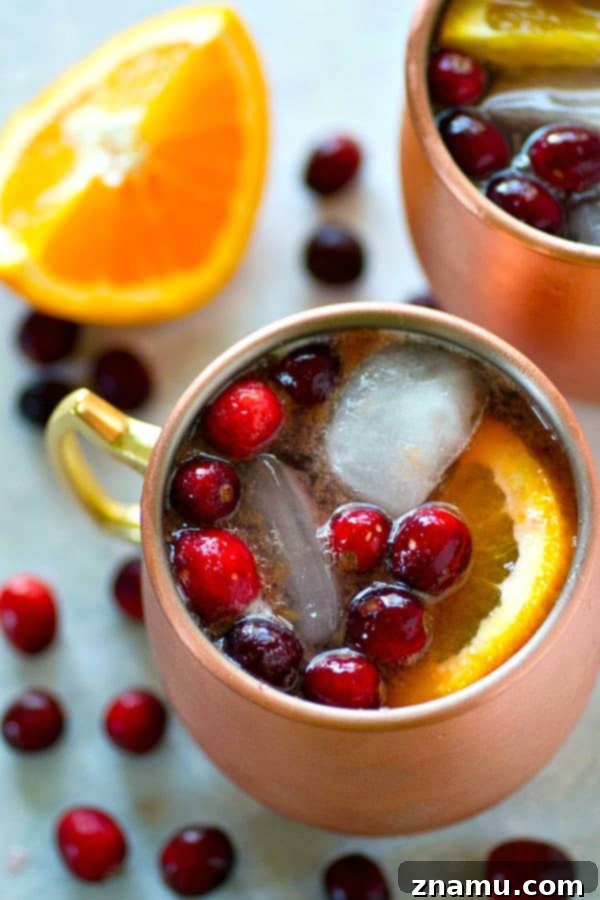 Crimson Citrus Copper Mule 5 A hand holding a garnished Cranberry Orange Moscow Mule in a copper mug, ready for immediate enjoyment.