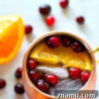 Crimson Citrus Copper Mule 7 Cranberry Orange Moscow Mule in a copper mug with cranberries and orange slices.
