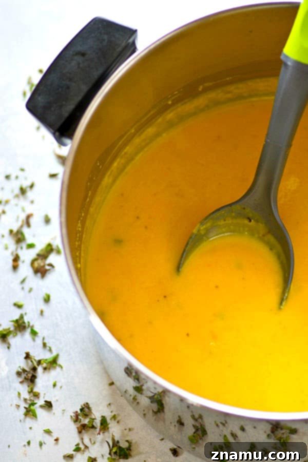 Comforting Ginger Roasted Butternut Squash and Apple Soup 3 Close-up of the smooth, creamy texture of the butternut squash apple soup, garnished with a swirl of cream.