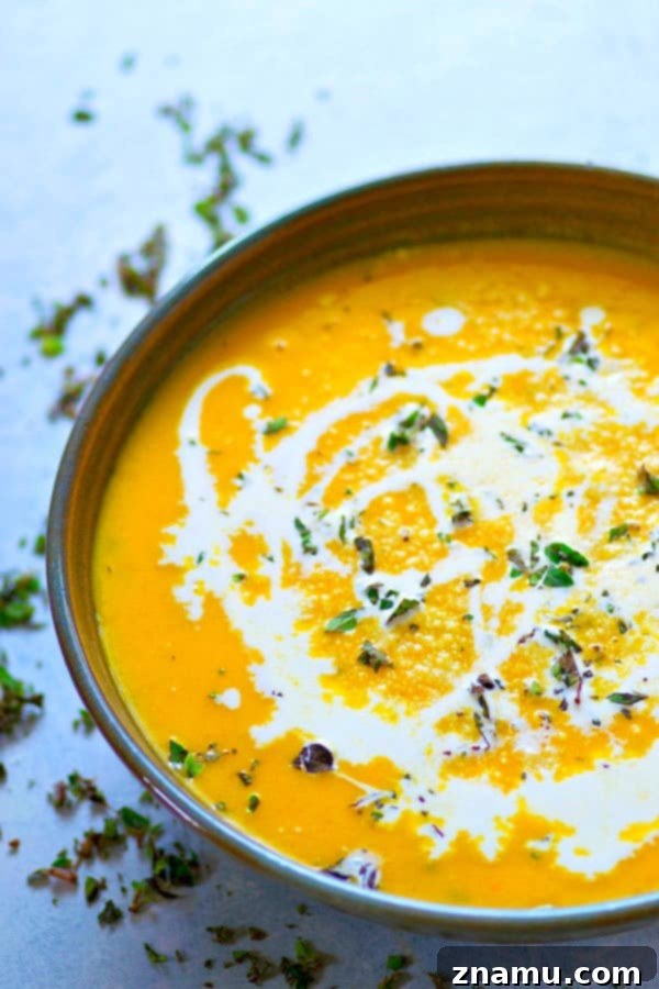 Comforting Ginger Roasted Butternut Squash and Apple Soup 5 A close-up shot of a creamy ginger-roasted butternut squash apple soup bowl, with a delicate cream swirl on top.