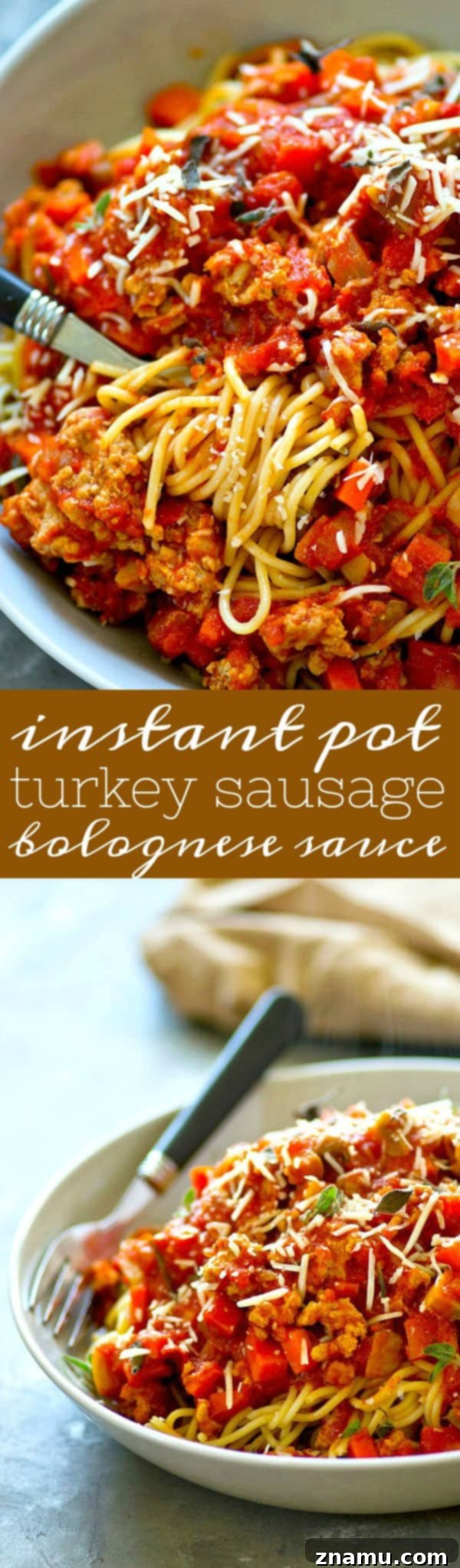 Rich Instant Pot Turkey Sausage Bolognese 6 Hearty, flavorful turkey sausage bolognese sauce is made in mere MINUTES in the instant pot and it tastes like it simmered all day! Serve it fresh over noodles or freeze it for later.