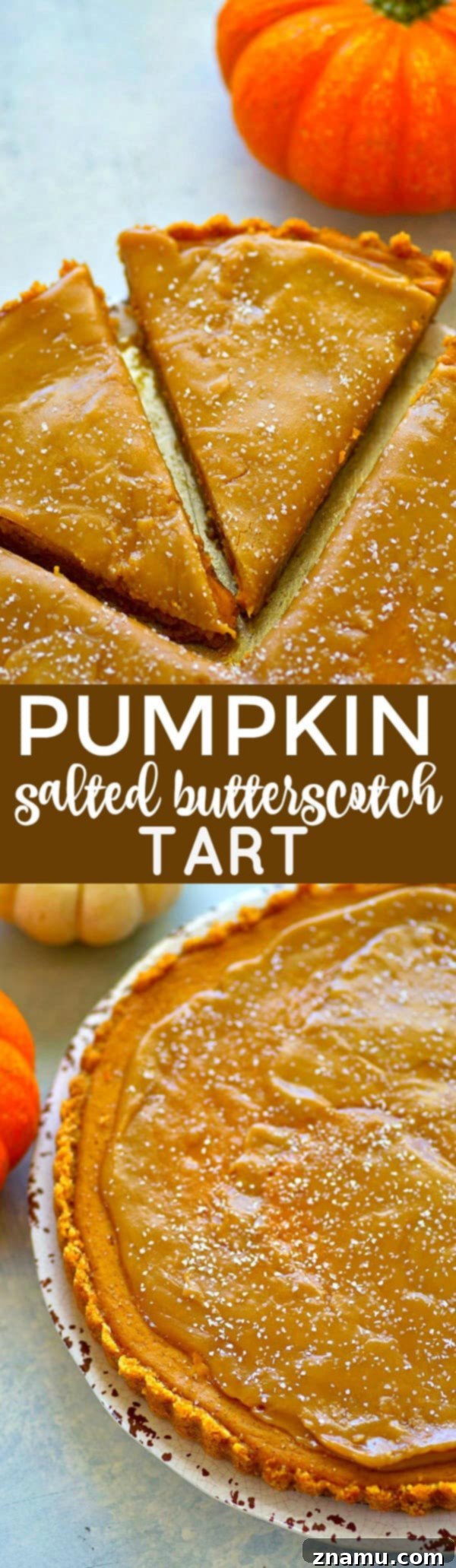 Decadent Salted Butterscotch Pumpkin Tart 6 A silky pumpkin filling sits on top of a buttery vanilla wafer crust and a homemade salted butterscotch sauce covers every inch of this INCREDIBLE pumpkin salted butterscotch tart!