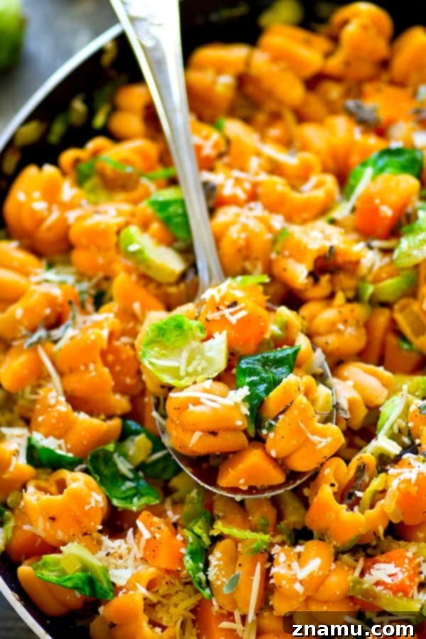 Shaved Brussels Sprouts and Delicata Squash Zucchette Pasta 2 A vibrant, loaded Zucchette pasta skillet brimming with golden delicata squash cubes and emerald green shaved Brussels sprouts, garnished with fresh herbs and Parmesan cheese.