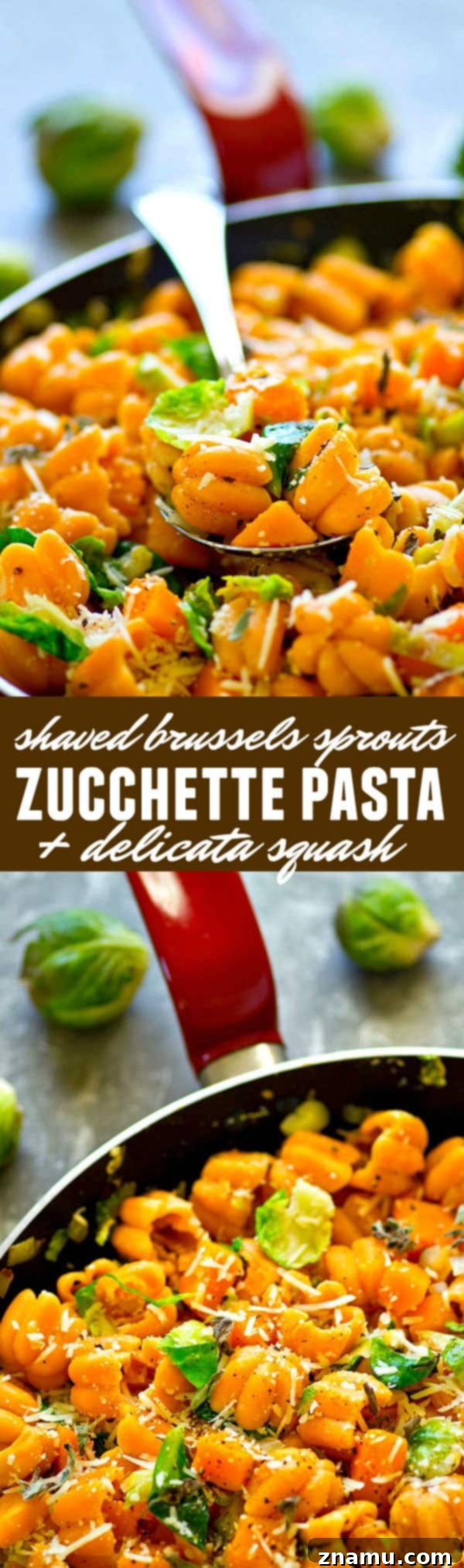 Shaved Brussels Sprouts and Delicata Squash Zucchette Pasta 6 A large serving bowl filled with the colorful Zucchette pasta skillet, ready to be enjoyed as a hearty and healthy dinner.