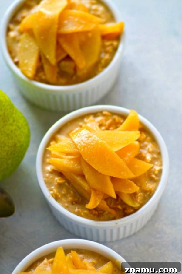 Gingerbread Spiced Overnight Oats with Caramelized Pears 4 Creamy gingerbread overnight oats are piled high with soft caramelized pears and you'll never want your overnight oats any other way again this winter!