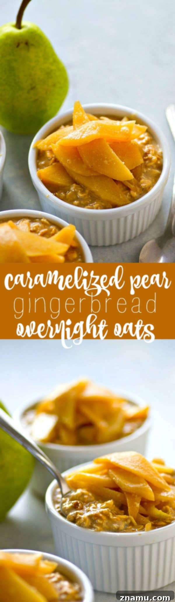 Gingerbread Spiced Overnight Oats with Caramelized Pears 6 Creamy gingerbread overnight oats are piled high with soft caramelized pears and you'll never want your overnight oats any other way again this winter!