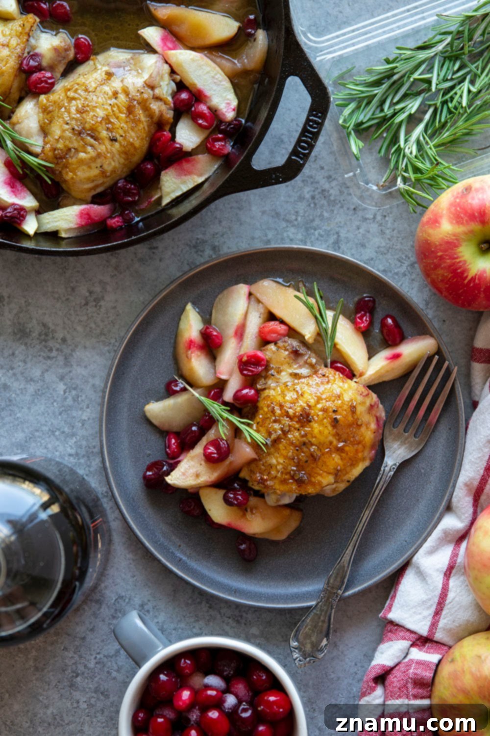 A serving of maple glazed roast chicken with apples and cranberries on a plate.