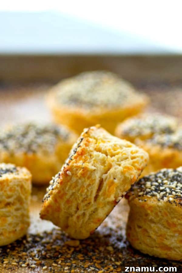 Loaded Everything Bagel Cheddar Bay Biscuits 5 Two Everything Bagel Cheddar Bay Biscuits on a cutting board, ready to be served.