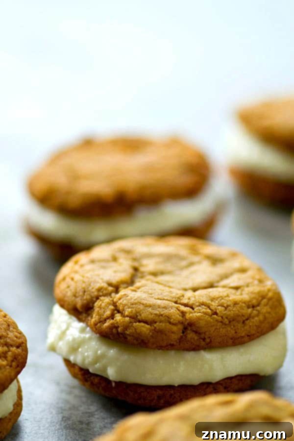 Spiced Gingerbread White Chocolate Dream Cookies 4 Soft gingerbread cookies meet a creamy white chocolate cream cheese filling in these festive gingerbread white chocolate sandwich cookies! Perfect for any cookie tray.