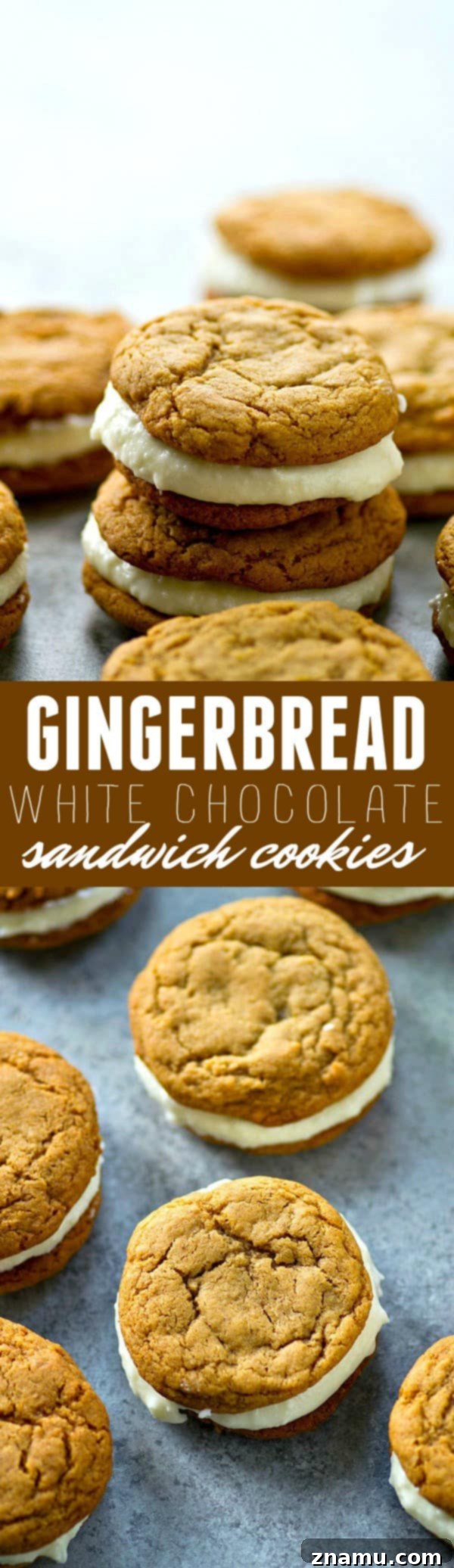 Spiced Gingerbread White Chocolate Dream Cookies 6 Soft gingerbread cookies meet a creamy white chocolate cream cheese filling in these festive gingerbread white chocolate sandwich cookies! Perfect for any cookie tray.