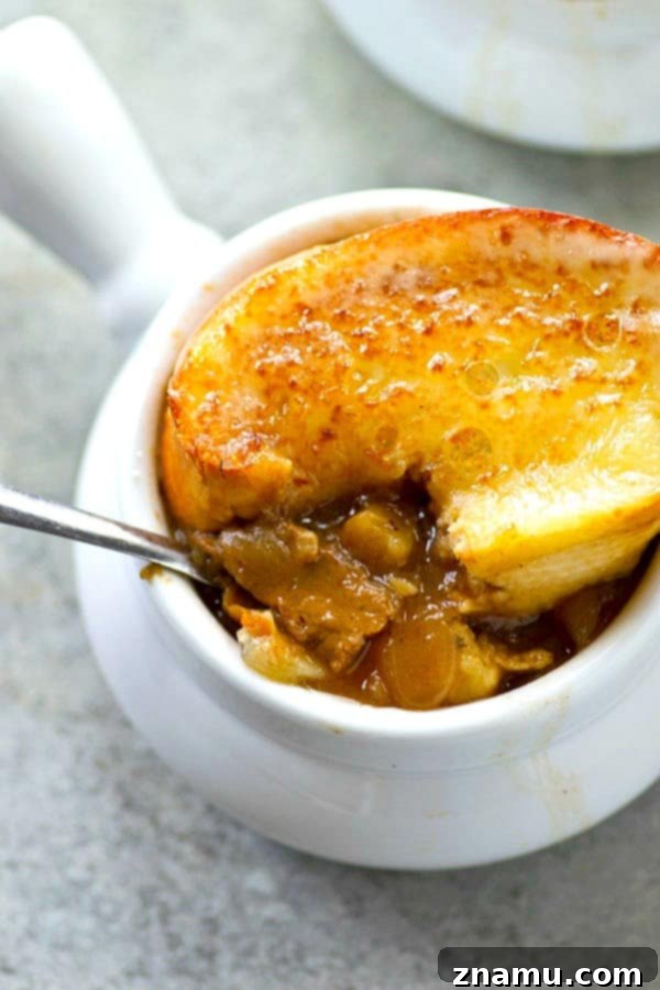 Close-up of Steak Potato French Onion Soup showing visible chunks of steak and potato submerged in the rich broth.