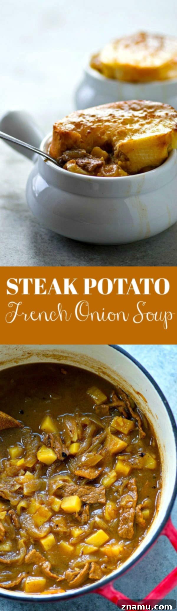 A finished bowl of Steak Potato French Onion Soup presented beautifully, showcasing the rich colors and the enticing cheese topping.