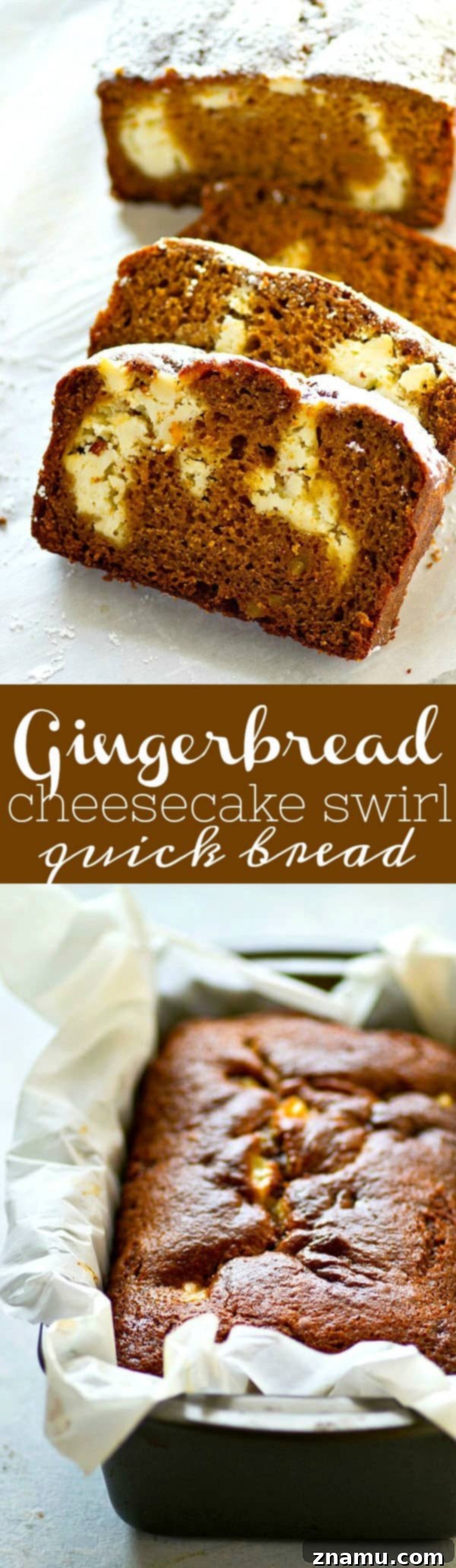 Marbled Gingerbread Cheesecake Bread 6 An overhead shot of Gingerbread Cheesecake Swirl Quick Bread with a recipe card, highlighting the deliciousness and inviting readers to try this holiday baking essential.