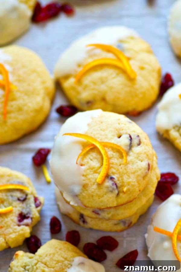 A stack of golden brown white chocolate cranberry orange sugar cookies, beautifully dipped in white chocolate and adorned with festive sprinkles.