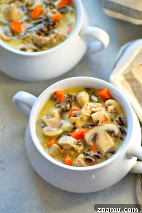 Hearty Creamy Chicken Mushroom Wild Rice Soup 3 Close-up of a rustic bowl of creamy chicken and wild rice soup, showcasing its rich texture and wholesome ingredients.
