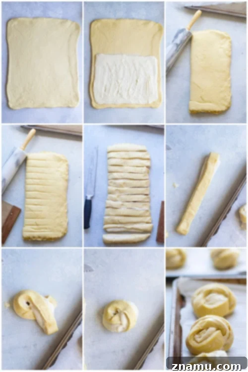 Decadent Cream Cheese Morning Buns with Coffee Glaze 5 Step-by-step visual guide illustrating how to roll, fill, cut, and knot the cream cheese morning bun dough for perfect results.