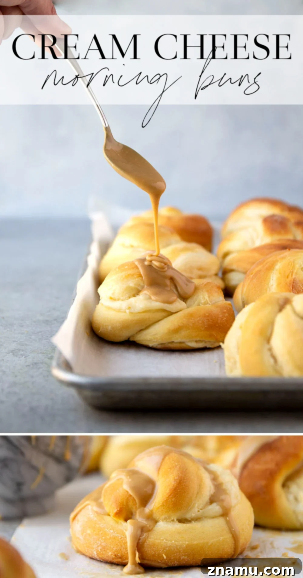 Decadent Cream Cheese Morning Buns with Coffee Glaze 8 A close-up of a single cream cheese morning bun, showing the intricate swirl of cream cheese and the thick, luxurious coffee glaze dripping down.